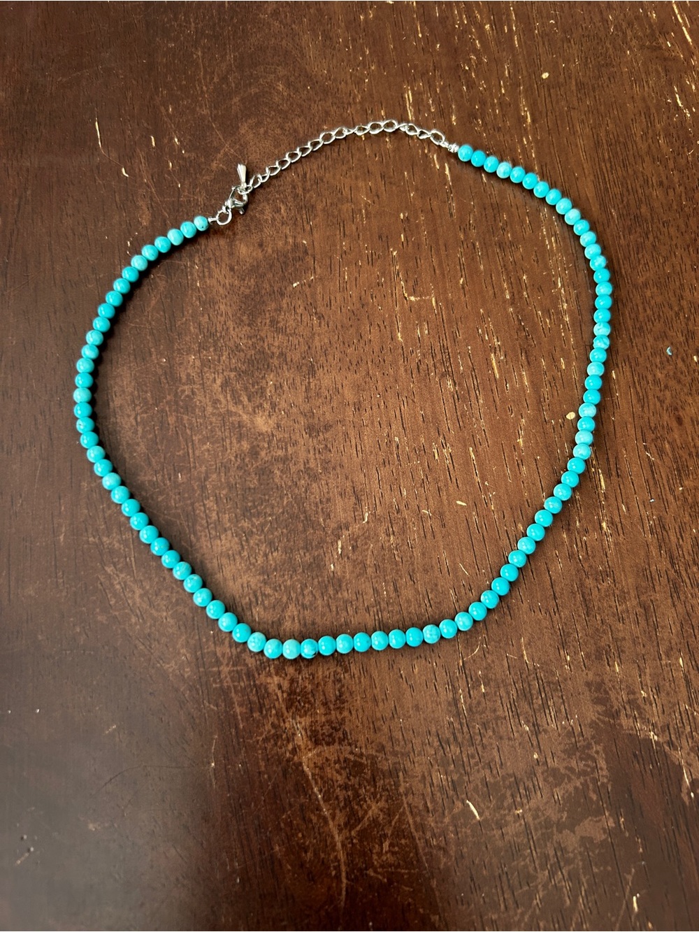 Turquoise Beaded Choker Necklace with Silver Chain - Women's Jewelry